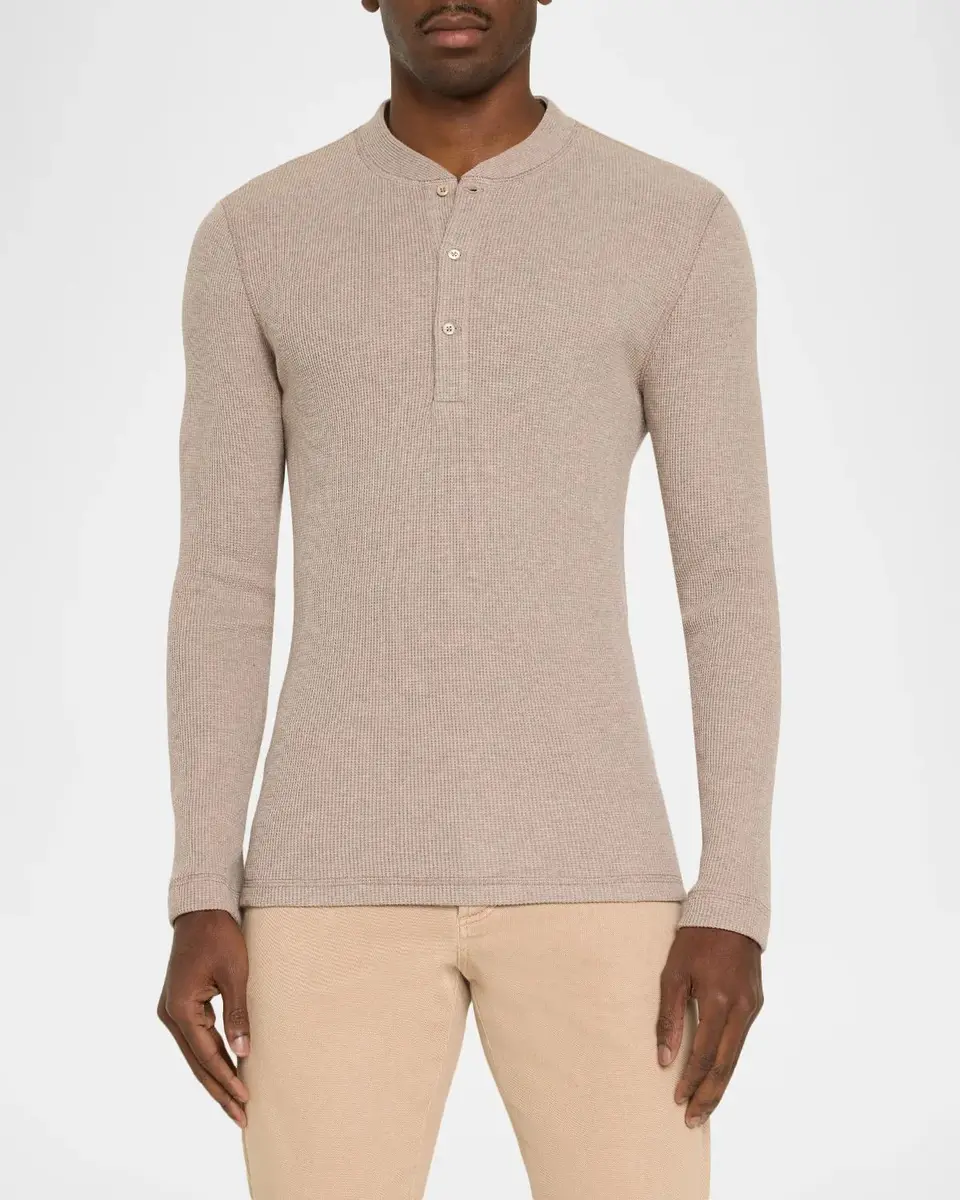 Brunello Cucinelli Men's Cashmere and Cotton Waffle-Knit Long-Sleeve Henley T-Shirt | Thumbnail 4 Brunello Cucinelli Men's Cashmere and Cotton Waffle-Knit Long-Sleeve Henley T-Shirt | Thumbnail 4