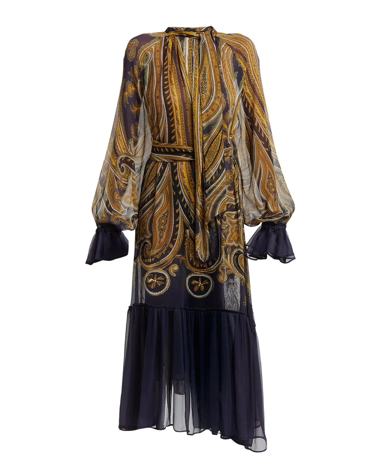 Paisley Silk Neck-Scarf Long-Sleeve Ruffle Midi Dress Paisley Silk Neck-Scarf Long-Sleeve Ruffle Midi Dress