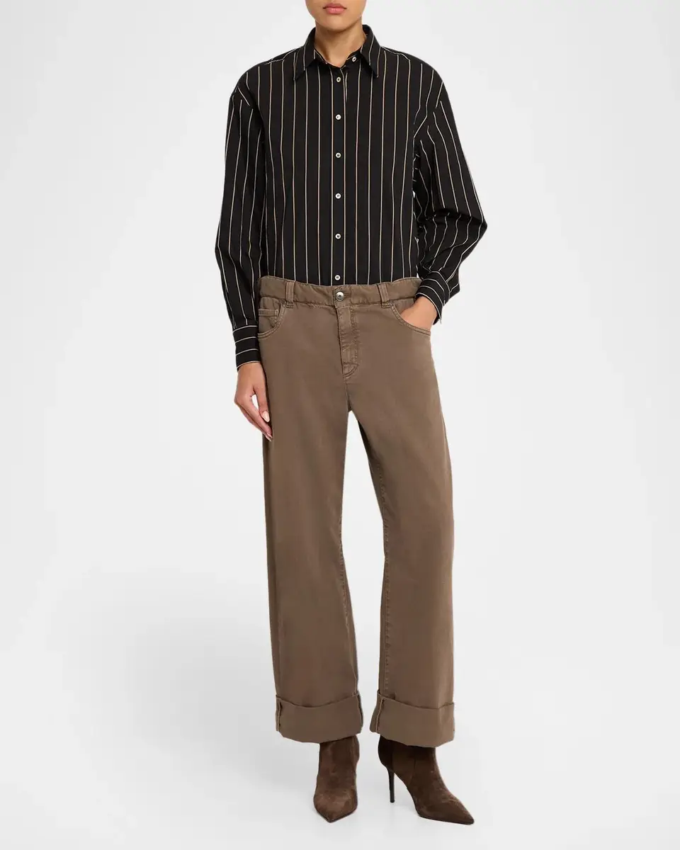 Brunello Cucinelli Triple Stripe Techno Cotton Long-Sleeve Button-Up Blouse | Thumbnail 2
