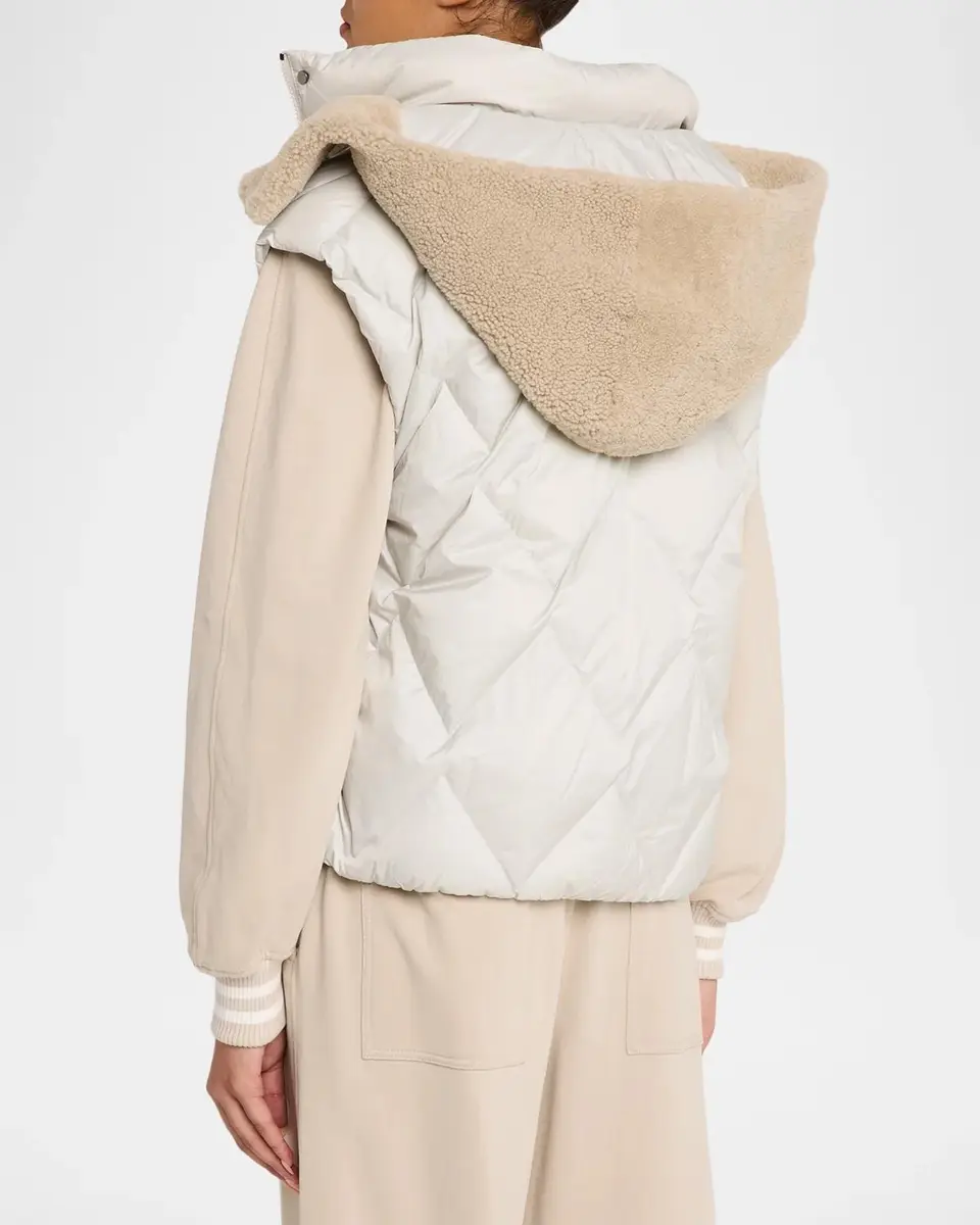 Brunello Cucinelli Superlight Matte Nylon Vest With Detachable Lamb Shearling Hood | Thumbnail 3