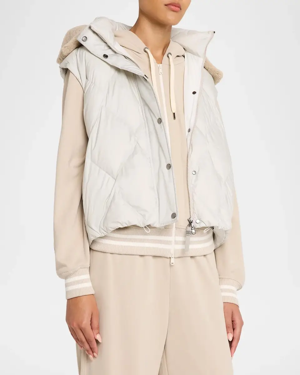 Brunello Cucinelli Superlight Matte Nylon Vest With Detachable Lamb Shearling Hood | Thumbnail 4