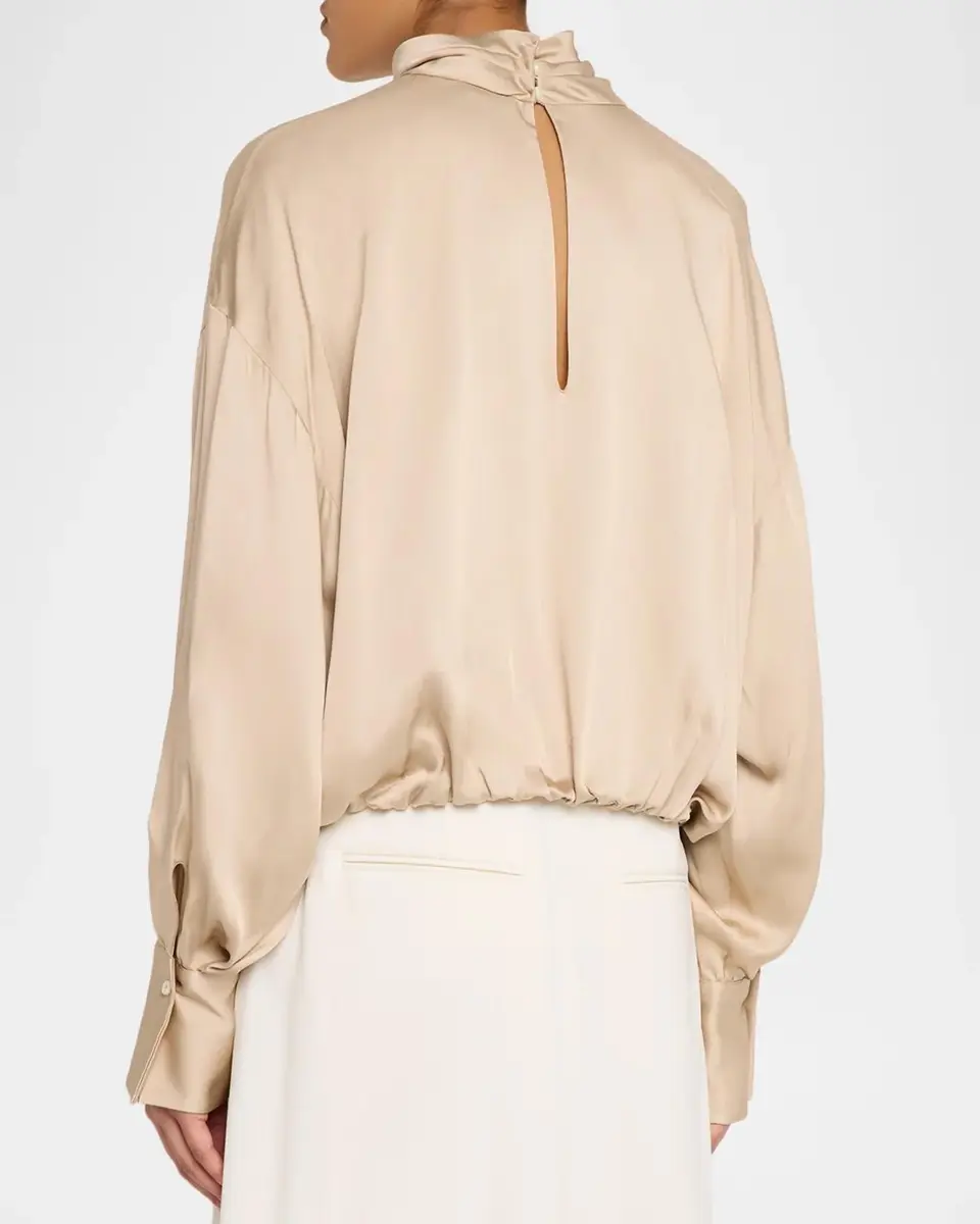 Brunello Cucinelli Fluid Silk Satin Long-Sleeve Bubble Blouse | Thumbnail 3 Brunello Cucinelli Fluid Silk Satin Long-Sleeve Bubble Blouse | Thumbnail 3