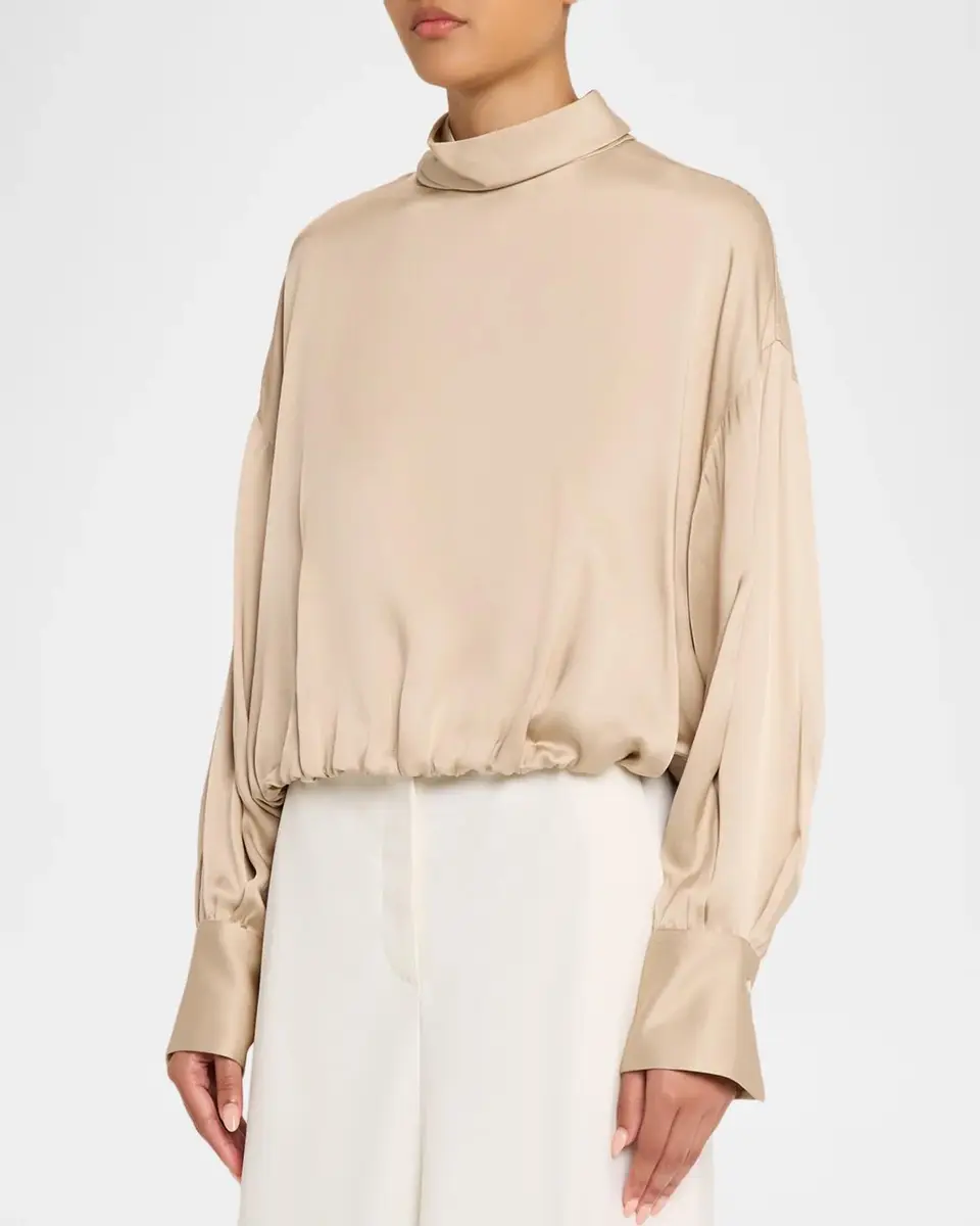 Brunello Cucinelli Fluid Silk Satin Long-Sleeve Bubble Blouse | Thumbnail 4 Brunello Cucinelli Fluid Silk Satin Long-Sleeve Bubble Blouse | Thumbnail 4