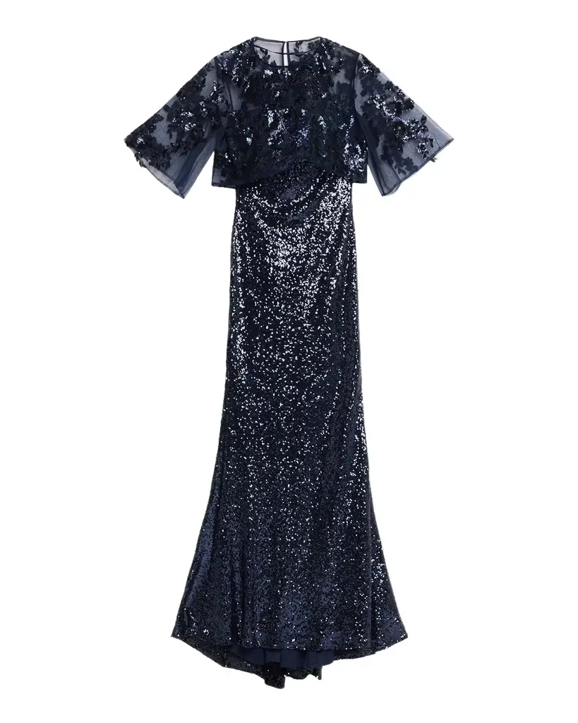 Rene Ruiz Collection Sheer Cape Sequin Column Gown