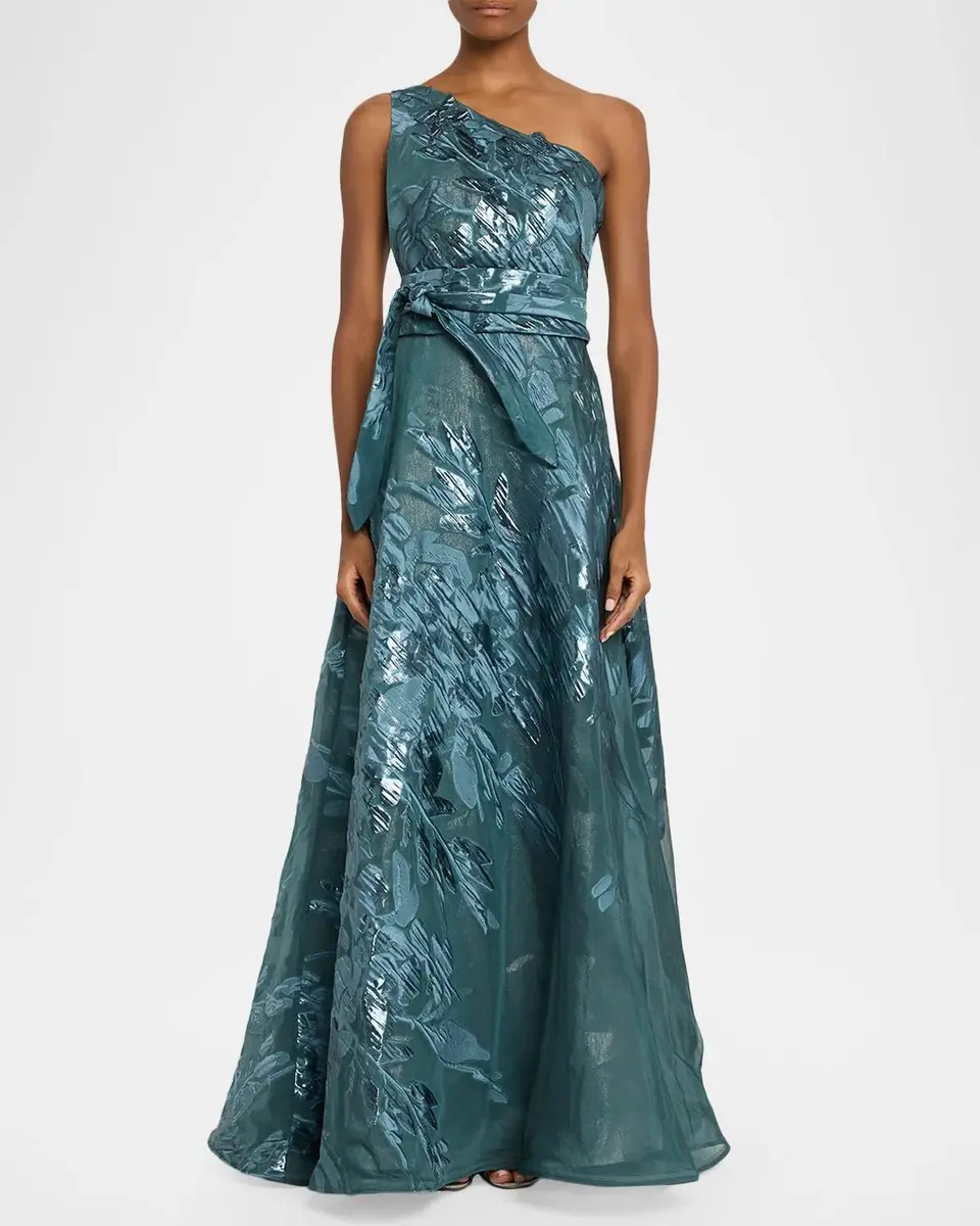 Rene Ruiz Collection One-Shoulder Metallic Jacquard Gown | Thumbnail 2