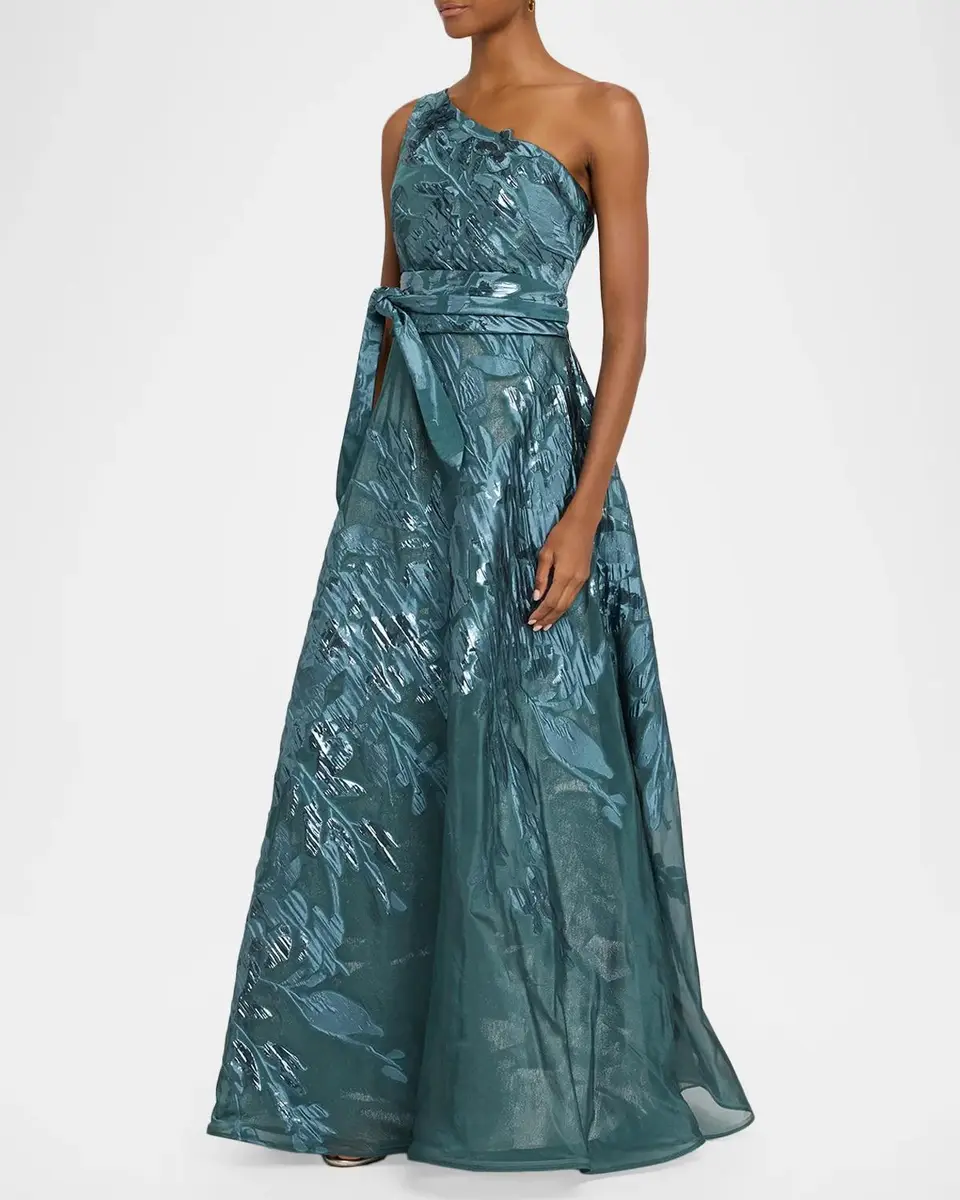 Rene Ruiz Collection One-Shoulder Metallic Jacquard Gown | Thumbnail 4