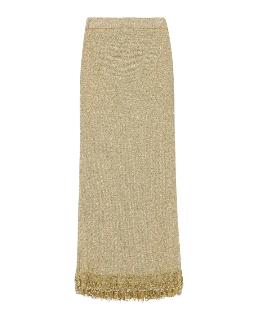 Zeni Fringe-Trim Metallic Knit Midi Skirt Zeni Fringe-Trim Metallic Knit Midi Skirt