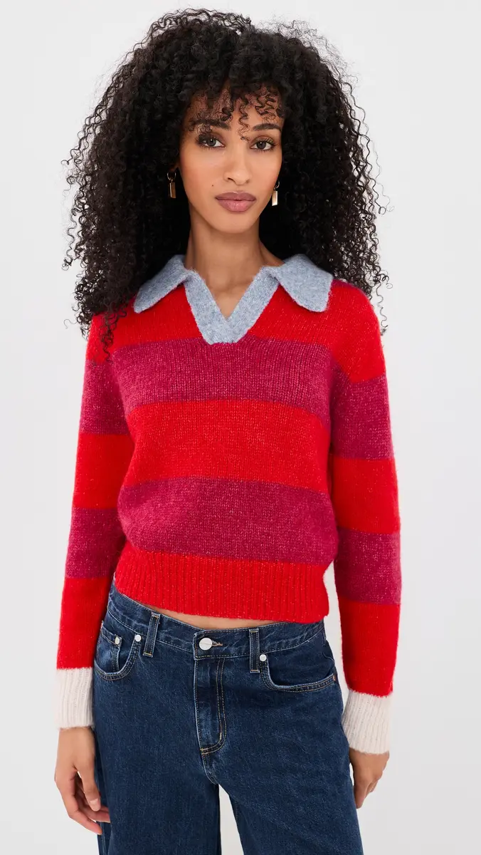 Birds of Paradis Red Stripe Parker Polo Sweater | Thumbnail 2 Birds of Paradis Red Stripe Parker Polo Sweater | Thumbnail 2