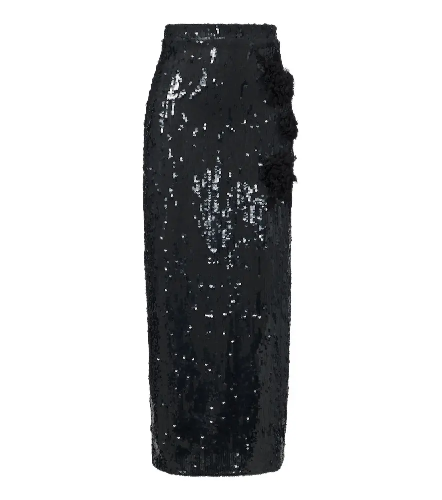 Floral-appliqué sequined midi skirt Floral-appliqué sequined midi skirt