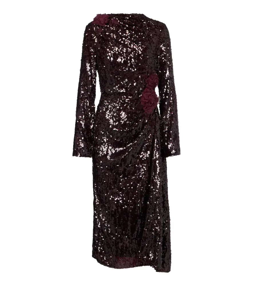 Erdem Floral-appliqué gathered sequined midi dress