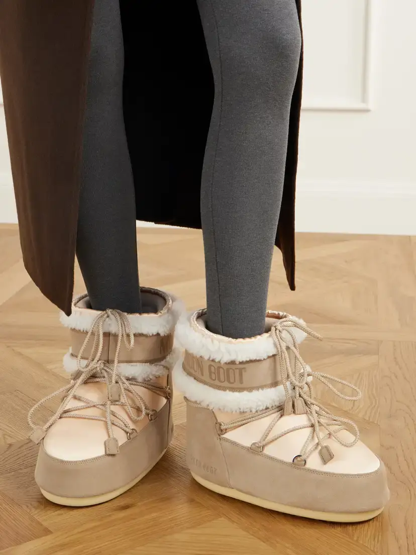 Moon Boot Icon Suede-trimmed Shearling And Satin Boots - Neutrals | Thumbnail 2 Moon Boot Icon Suede-trimmed Shearling And Satin Boots - Neutrals | Thumbnail 2