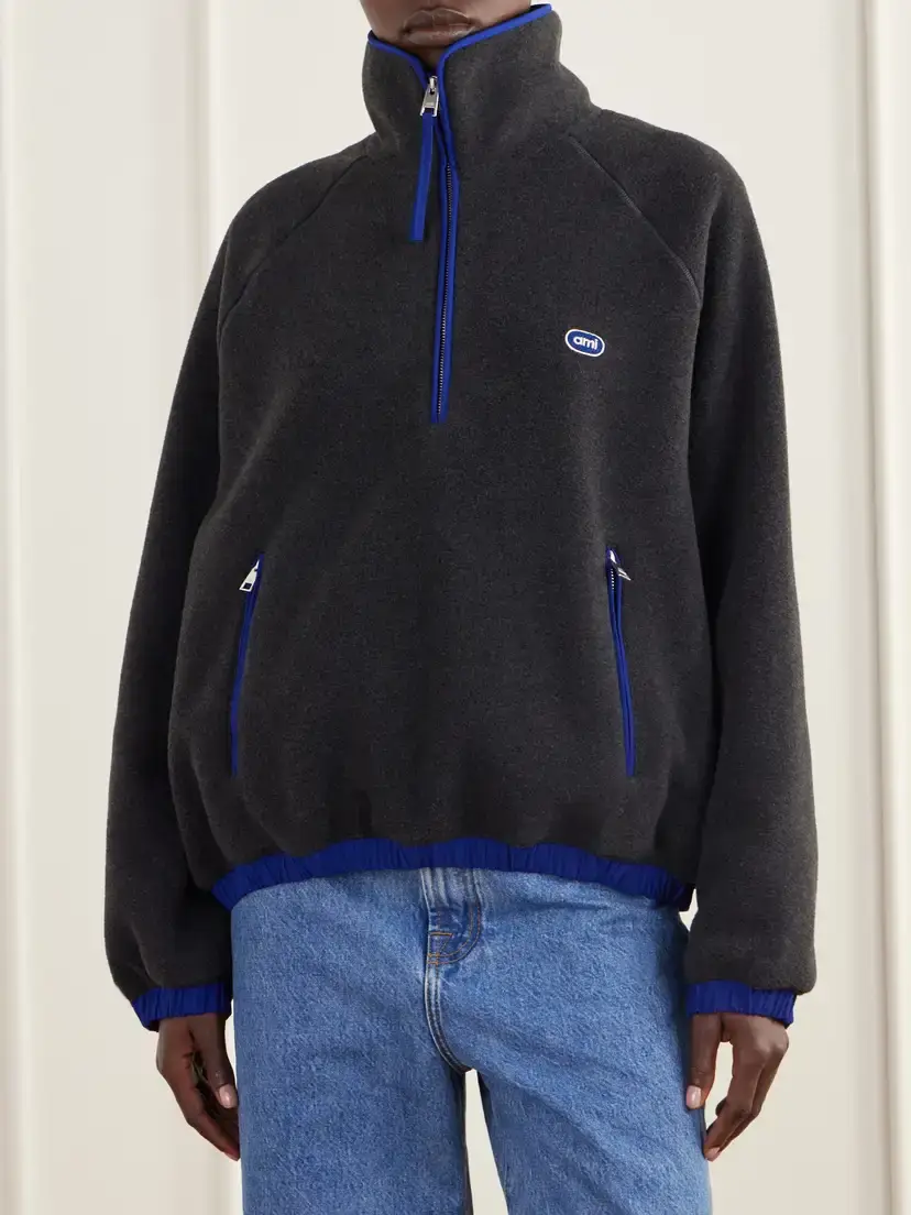 AMI PARIS Logo-embroidered Shell-trimmed Fleece Half-zip Jacket | Thumbnail 3