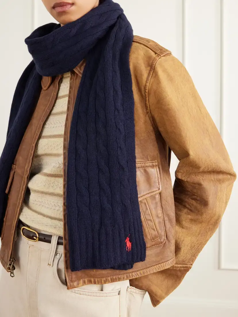 Polo Ralph Lauren Logo-embroidered Cable-knit Wool And Cashmere-blend Scarf - Blue | Thumbnail 2 Polo Ralph Lauren Logo-embroidered Cable-knit Wool And Cashmere-blend Scarf - Blue | Thumbnail 2
