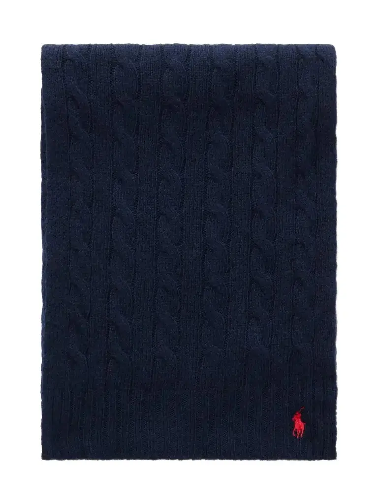 Logo-embroidered Cable-knit Wool And Cashmere-blend Scarf - Blue