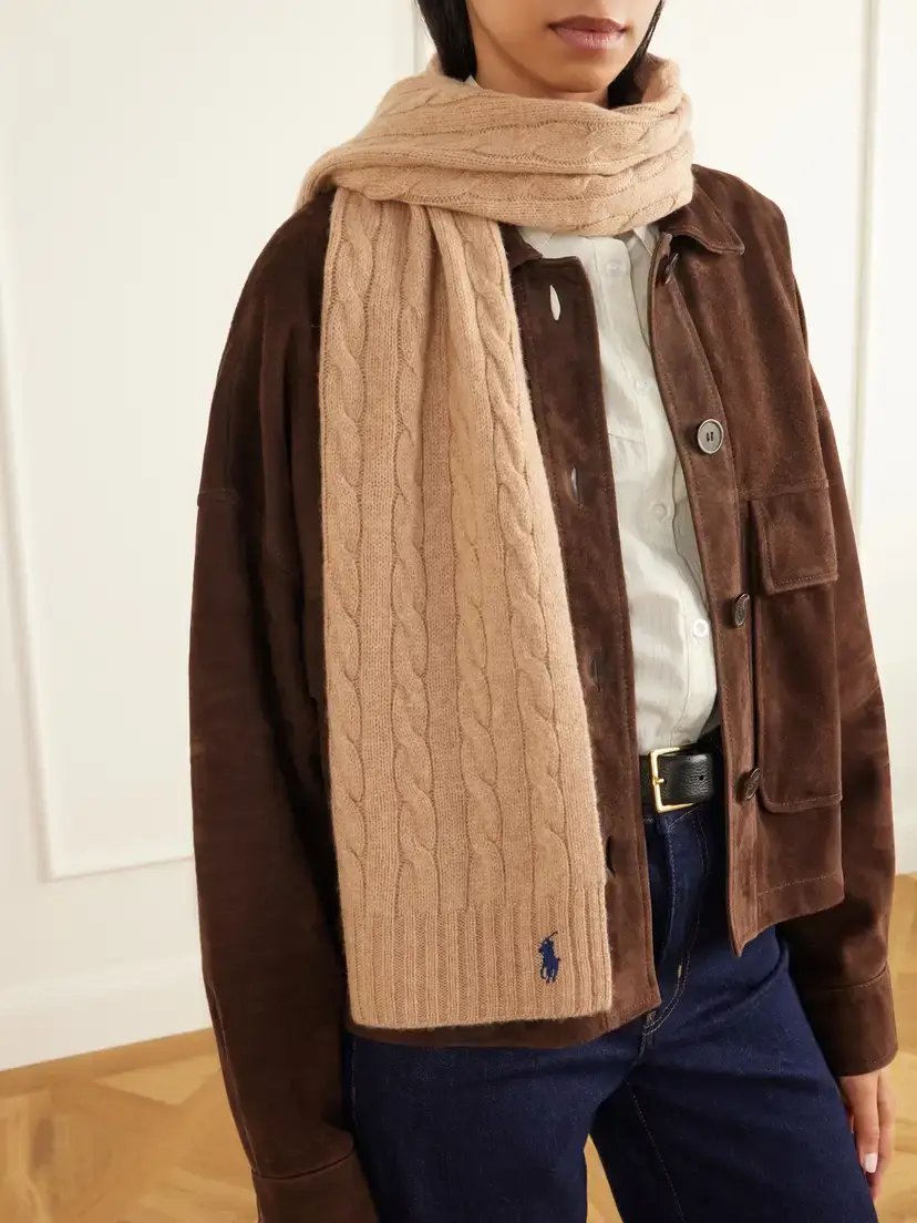 Polo Ralph Lauren Logo-embroidered Cable-knit Wool And Cashmere-blend Scarf - Neutrals | Thumbnail 2