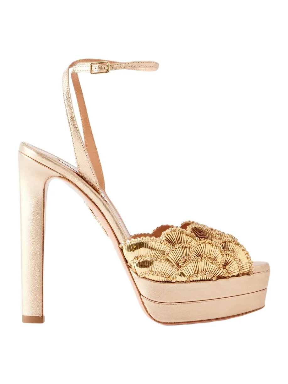 Aquazzura Ce Soir 130 Sequin-embellished Metallic Leather Platform Sandals