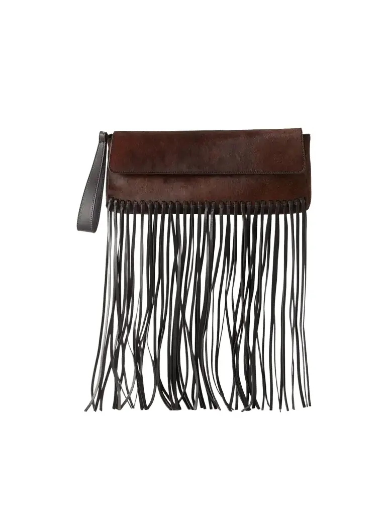 Fringed Leather-trimmed Calf Hair Clutch
