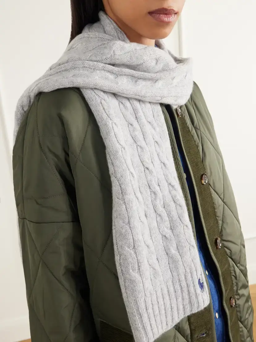 Polo Ralph Lauren Logo-embroidered Cable-knit Wool And Cashmere-blend Scarf - Gray | Thumbnail 2 Polo Ralph Lauren Logo-embroidered Cable-knit Wool And Cashmere-blend Scarf - Gray | Thumbnail 2