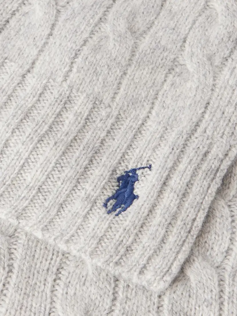Polo Ralph Lauren Logo-embroidered Cable-knit Wool And Cashmere-blend Scarf - Gray | Thumbnail 4 Polo Ralph Lauren Logo-embroidered Cable-knit Wool And Cashmere-blend Scarf - Gray | Thumbnail 4