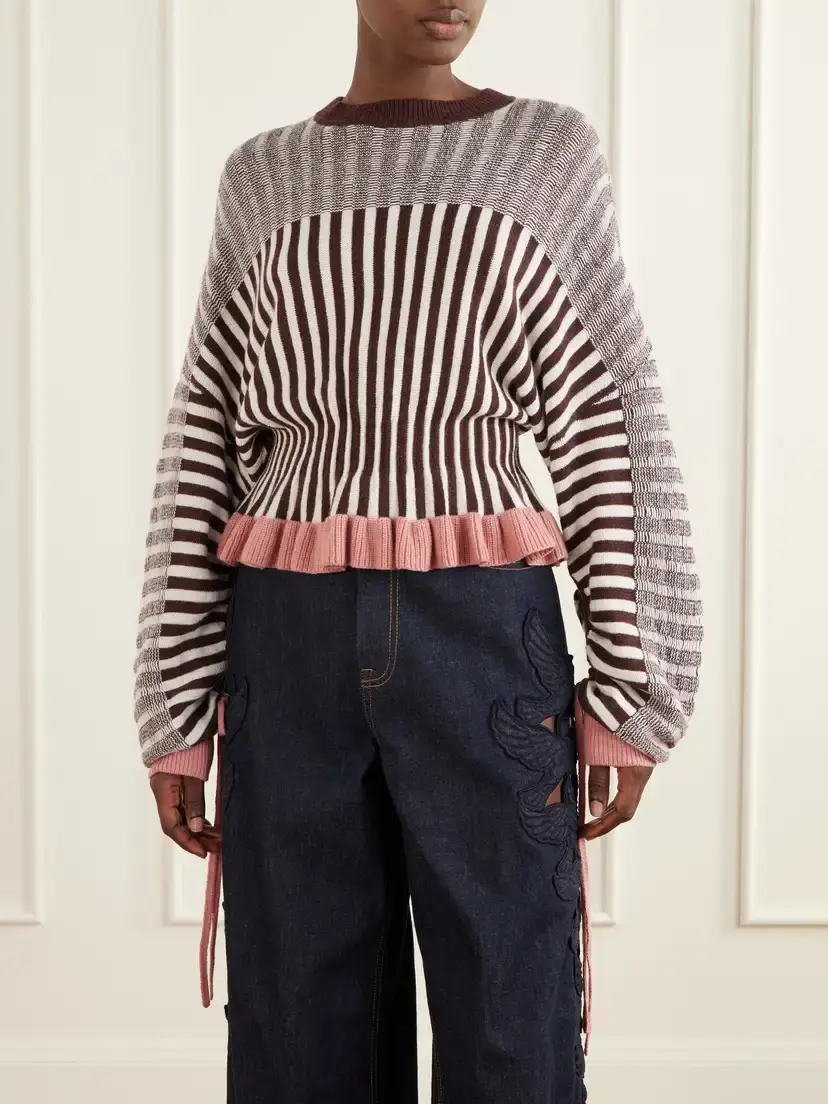 Zimmermann Clash Bow-detailed Ruffled Striped Merino Wool And Cotton-blend Sweater - Multi | Thumbnail 3