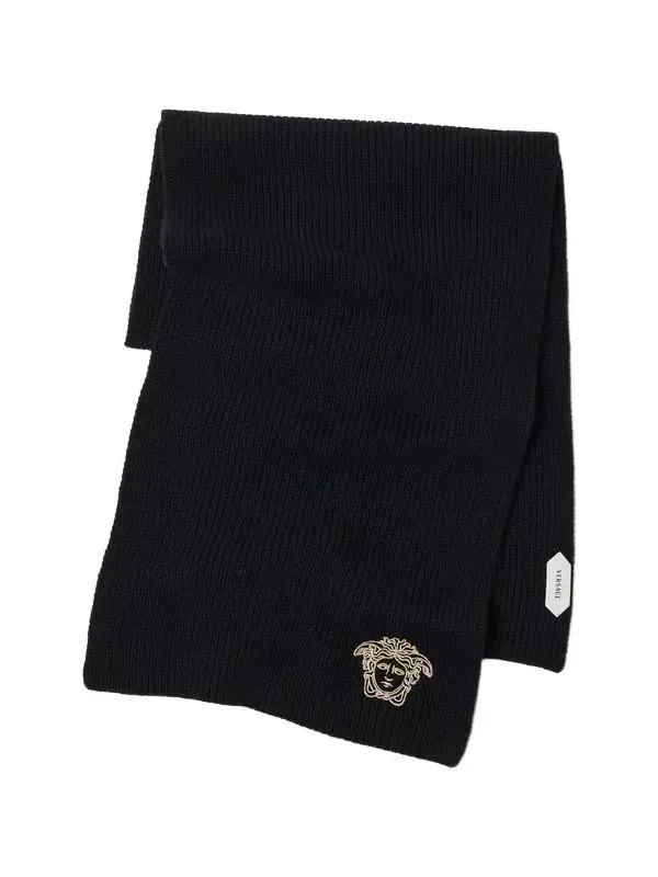 Versace Embroidered Cashmere Ribbed Knit Scarf
