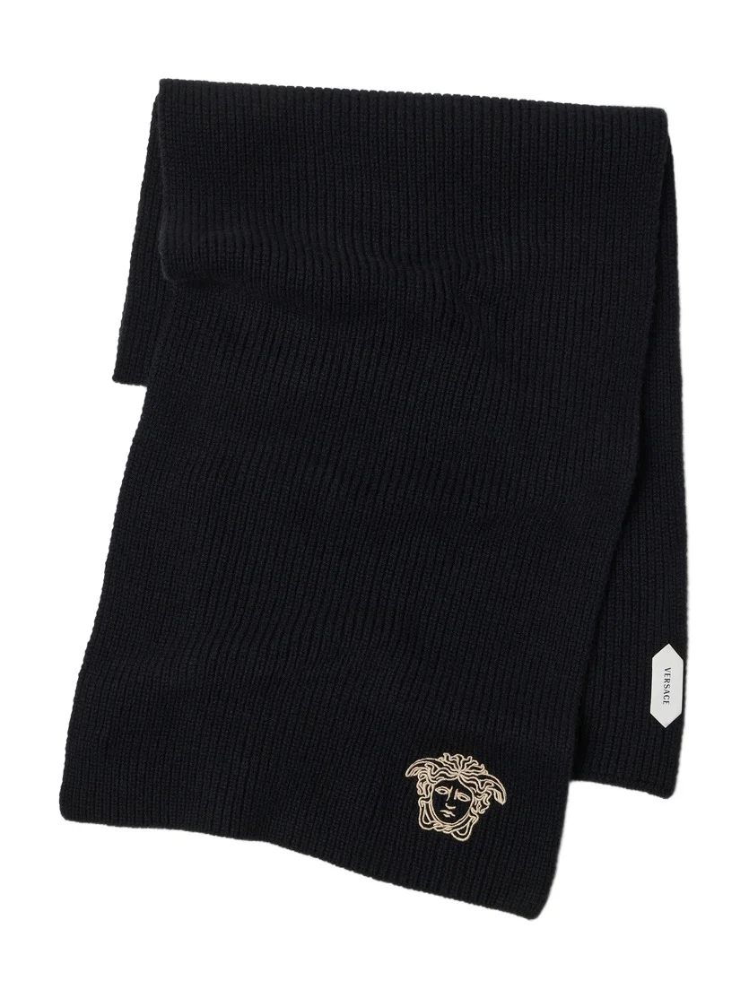 Embroidered Cashmere Ribbed Knit Scarf
