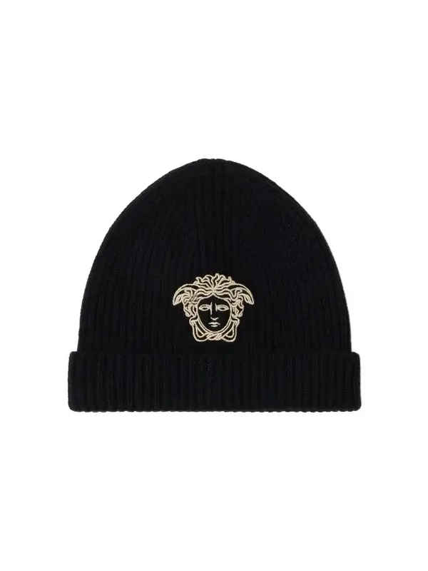 Versace Embroidered Cashmere Ribbed Knit Beanie