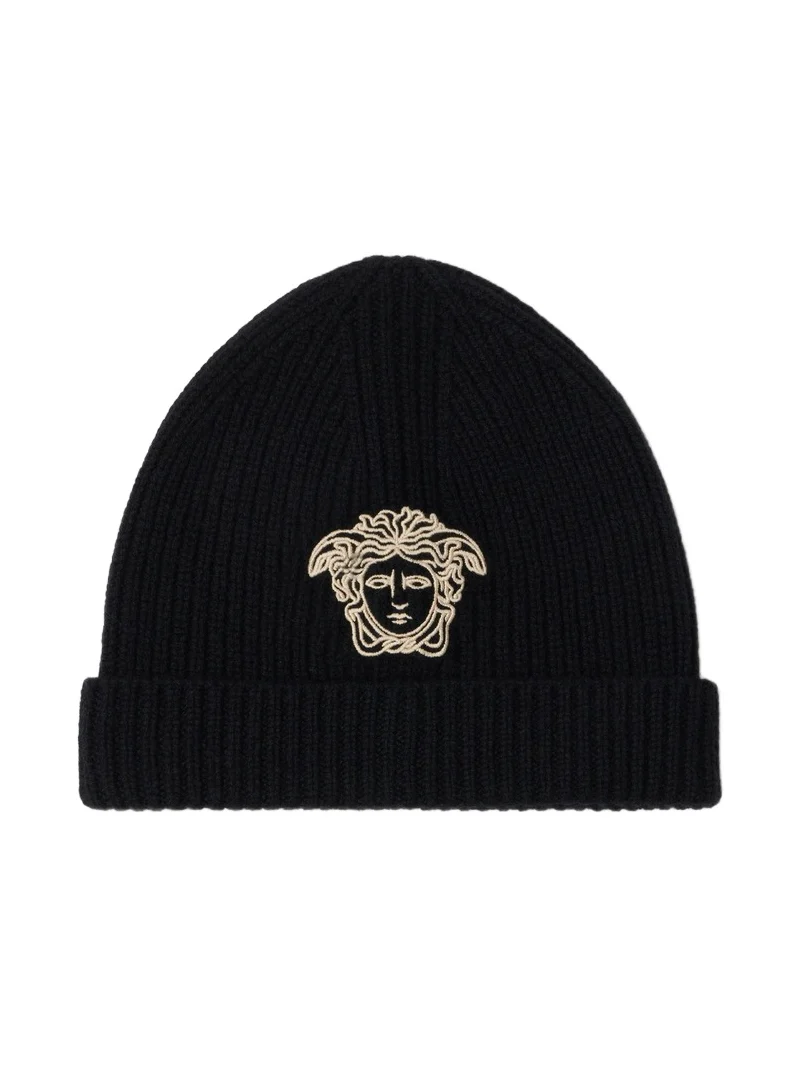 Embroidered Cashmere Ribbed Knit Beanie