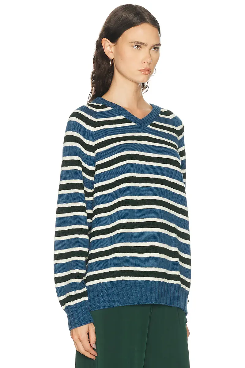 DONNI. The Cotton Knit Stripe V-Neck Sweater | Thumbnail 2