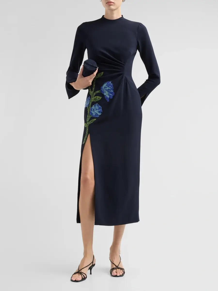 Lela Rose Women's Floral-Embroidered Ruched Crepe Midi Dress | Thumbnail 2 Lela Rose Women's Floral-Embroidered Ruched Crepe Midi Dress | Thumbnail 2