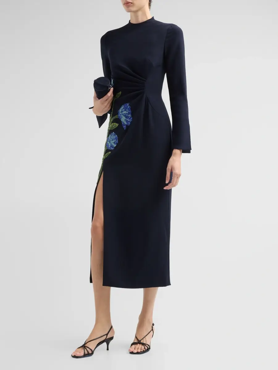 Lela Rose Women's Floral-Embroidered Ruched Crepe Midi Dress | Thumbnail 4 Lela Rose Women's Floral-Embroidered Ruched Crepe Midi Dress | Thumbnail 4