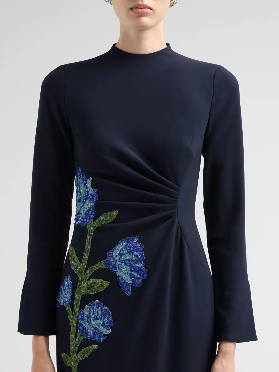 Lela Rose Women's Floral-Embroidered Ruched Crepe Midi Dress | Thumbnail 5 Lela Rose Women's Floral-Embroidered Ruched Crepe Midi Dress | Thumbnail 5