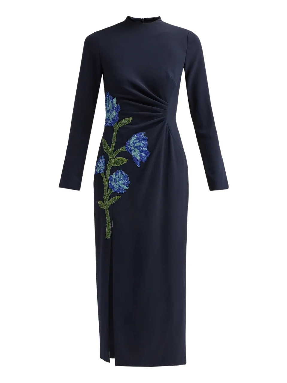 Women's Floral-Embroidered Ruched Crepe Midi Dress Women's Floral-Embroidered Ruched Crepe Midi Dress