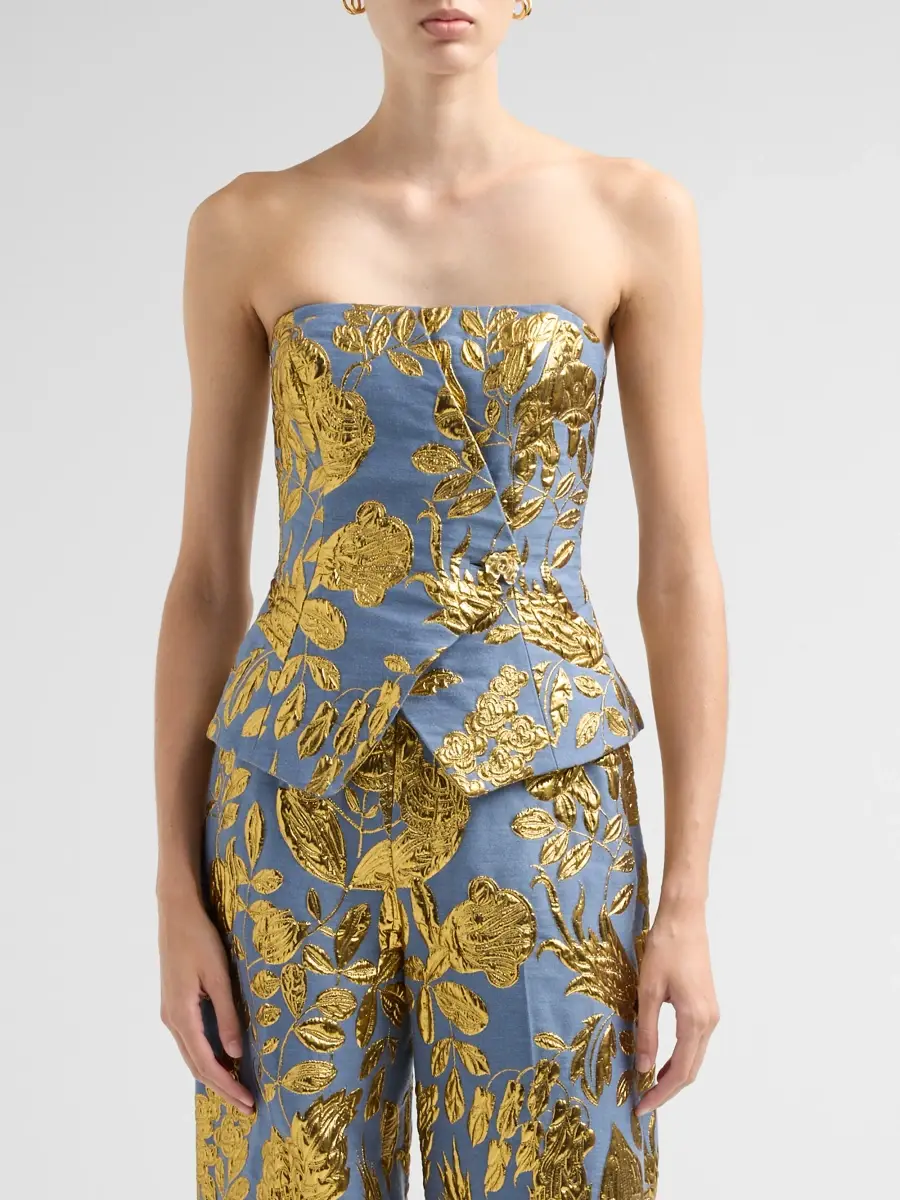 Lela Rose Women's Floral Metallic Fil Coupé Strapless Top | Thumbnail 4 Lela Rose Women's Floral Metallic Fil Coupé Strapless Top | Thumbnail 4