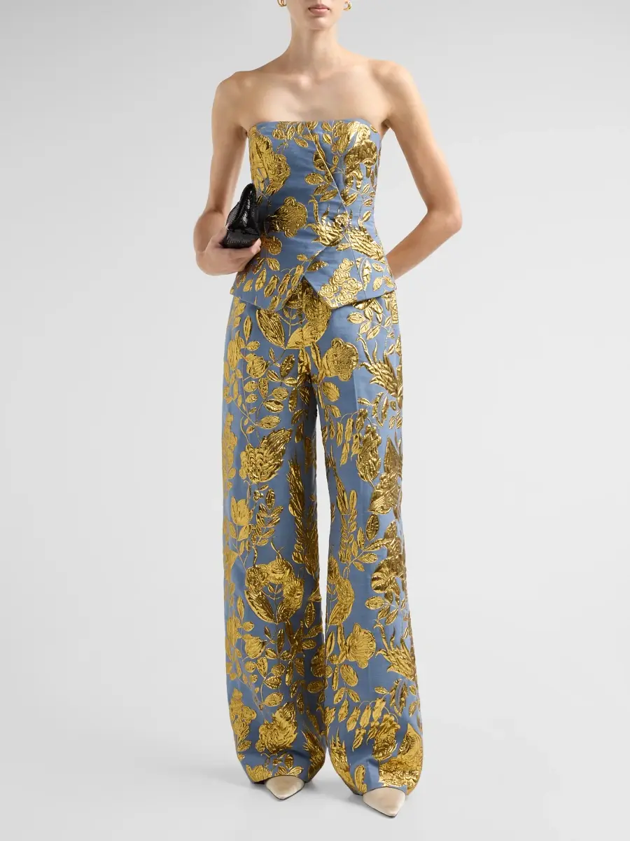 Lela Rose Women's Floral Metallic Fil Coupé Straight-Leg Pants | Thumbnail 2 Lela Rose Women's Floral Metallic Fil Coupé Straight-Leg Pants | Thumbnail 2