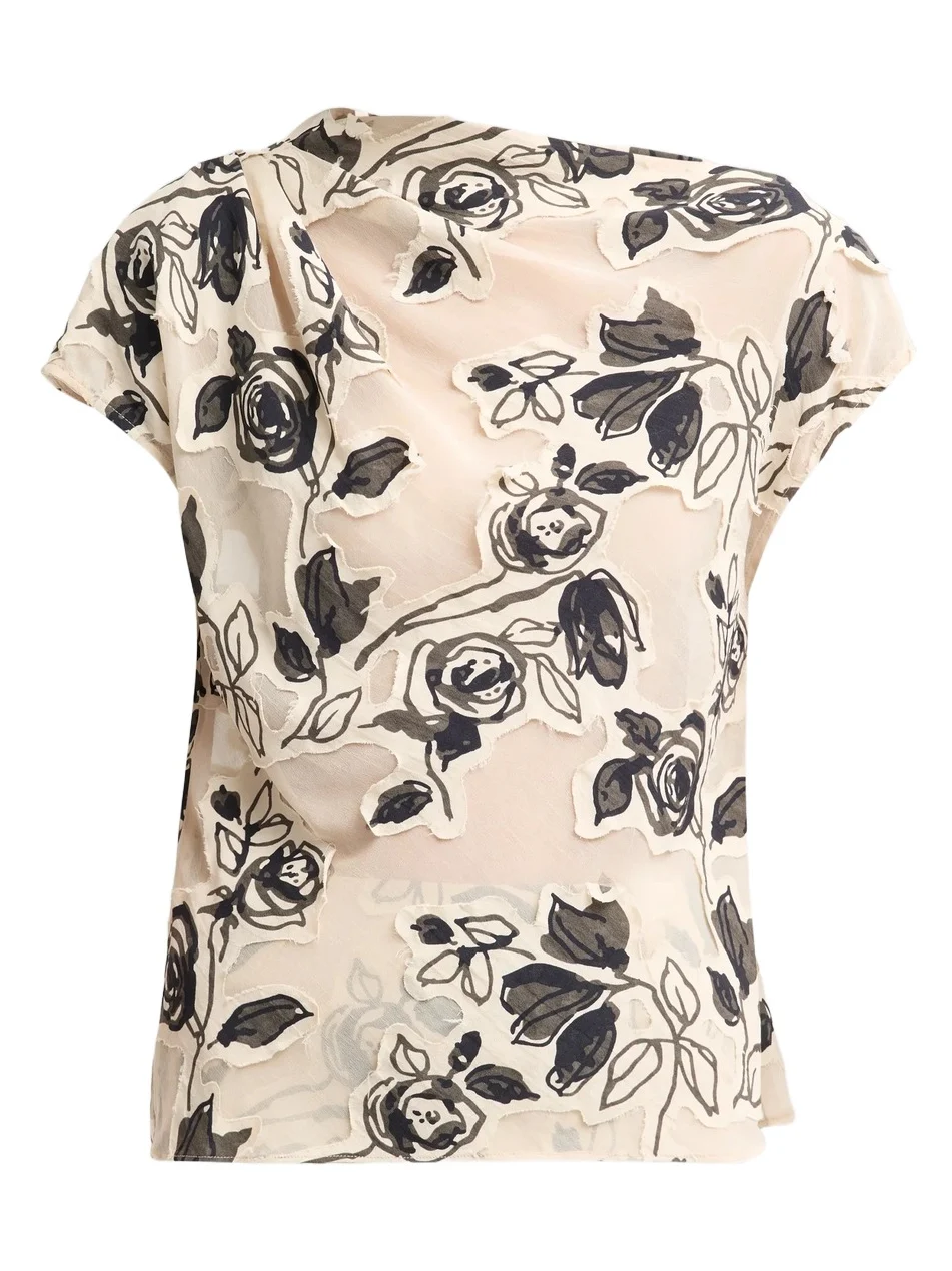 Women's Floral Burnout Chiffon Draped Top