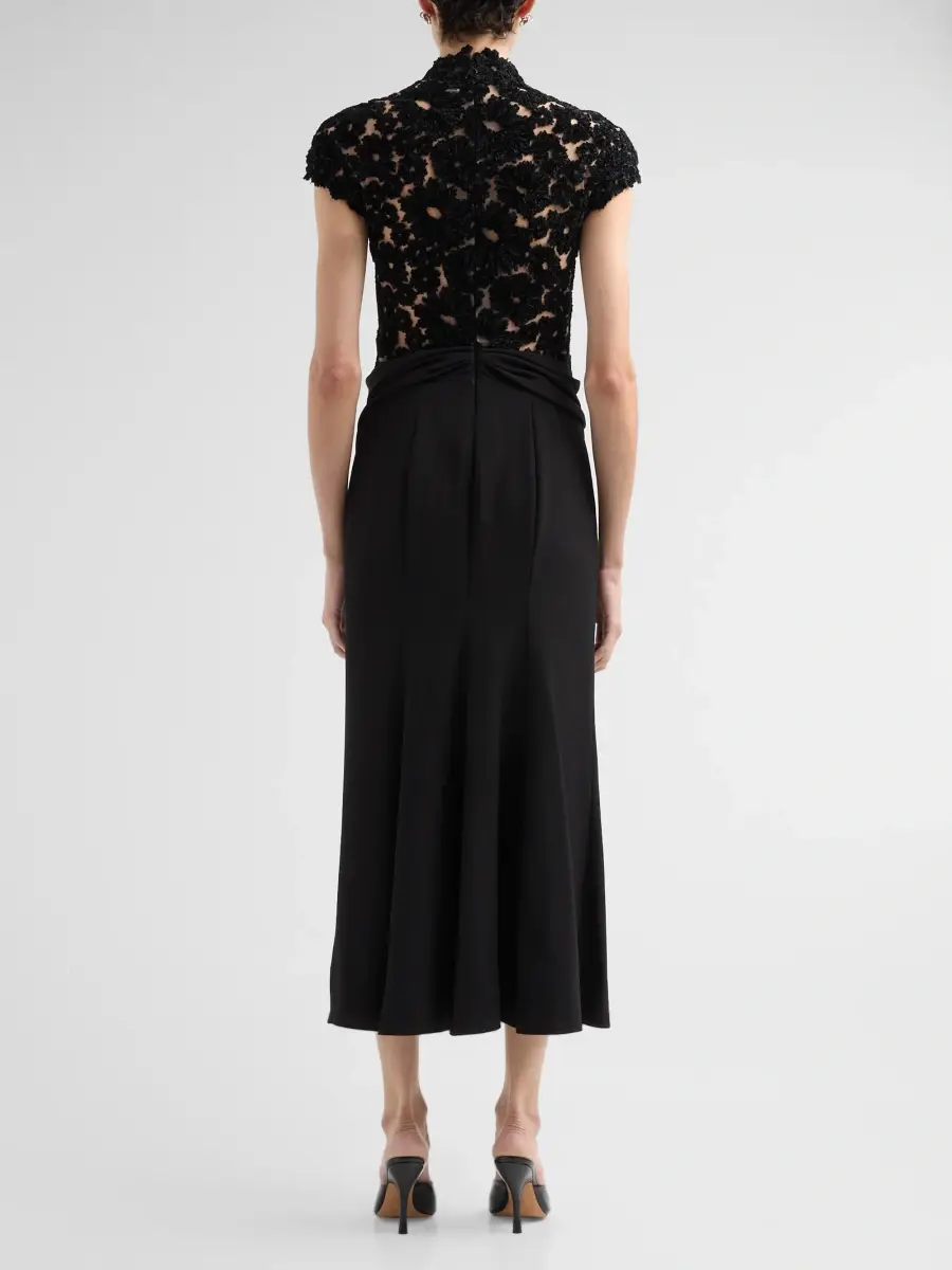 Lela Rose Women's Embroidered Chenille Tulle Draped Midi Dress | Thumbnail 3 Lela Rose Women's Embroidered Chenille Tulle Draped Midi Dress | Thumbnail 3