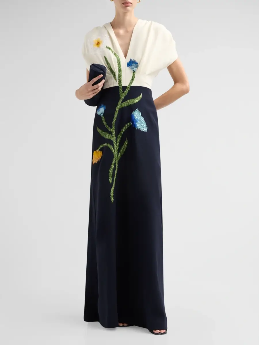 Lela Rose Women's Floral-Embroidered Crepe V-Neck Gown | Thumbnail 2 Lela Rose Women's Floral-Embroidered Crepe V-Neck Gown | Thumbnail 2