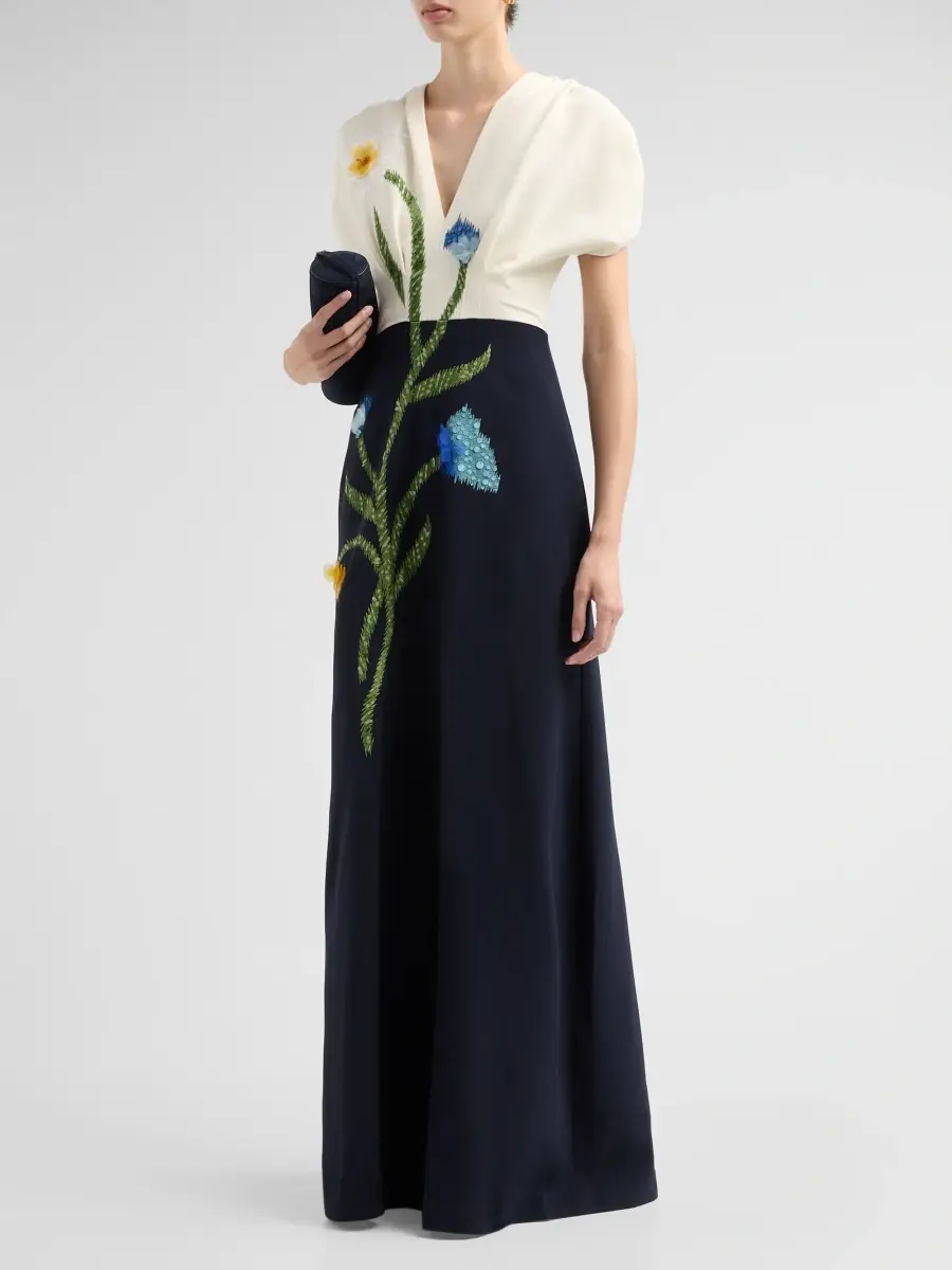 Lela Rose Women's Floral-Embroidered Crepe V-Neck Gown | Thumbnail 4 Lela Rose Women's Floral-Embroidered Crepe V-Neck Gown | Thumbnail 4