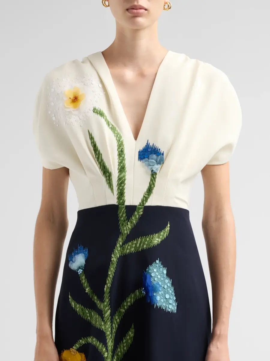 Lela Rose Women's Floral-Embroidered Crepe V-Neck Gown | Thumbnail 5 Lela Rose Women's Floral-Embroidered Crepe V-Neck Gown | Thumbnail 5