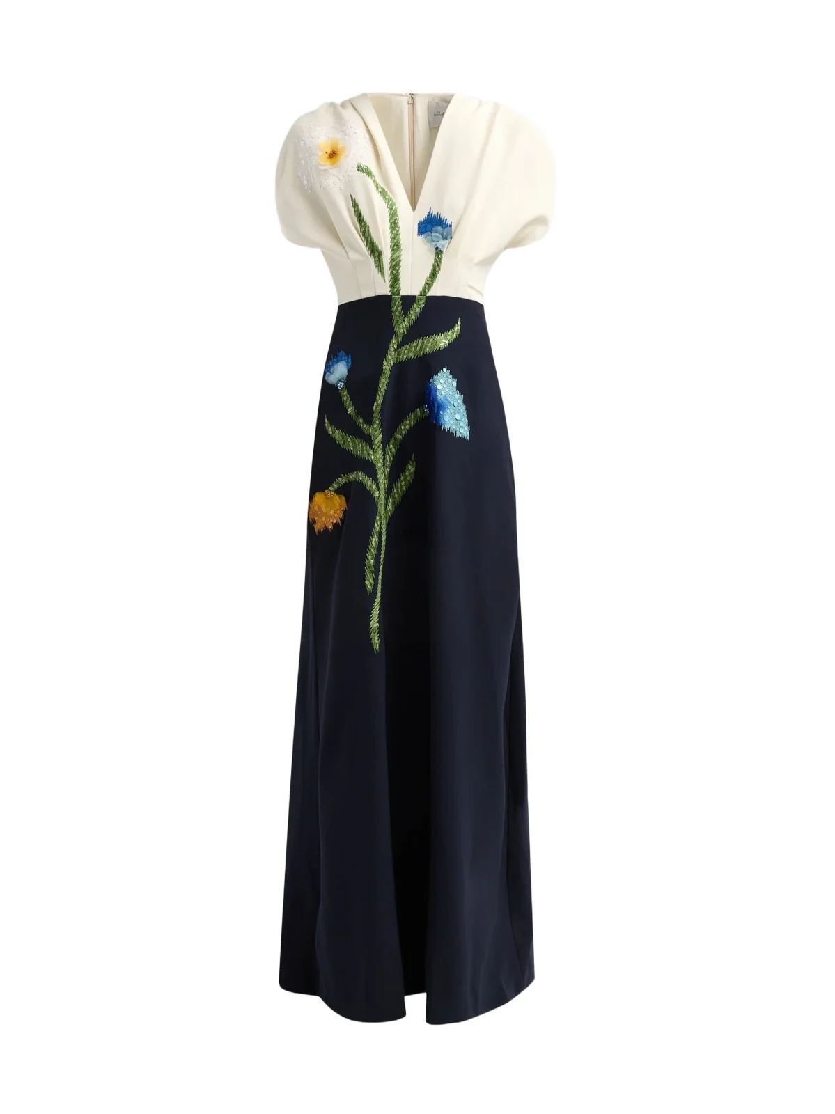 Women's Floral-Embroidered Crepe V-Neck Gown Women's Floral-Embroidered Crepe V-Neck Gown