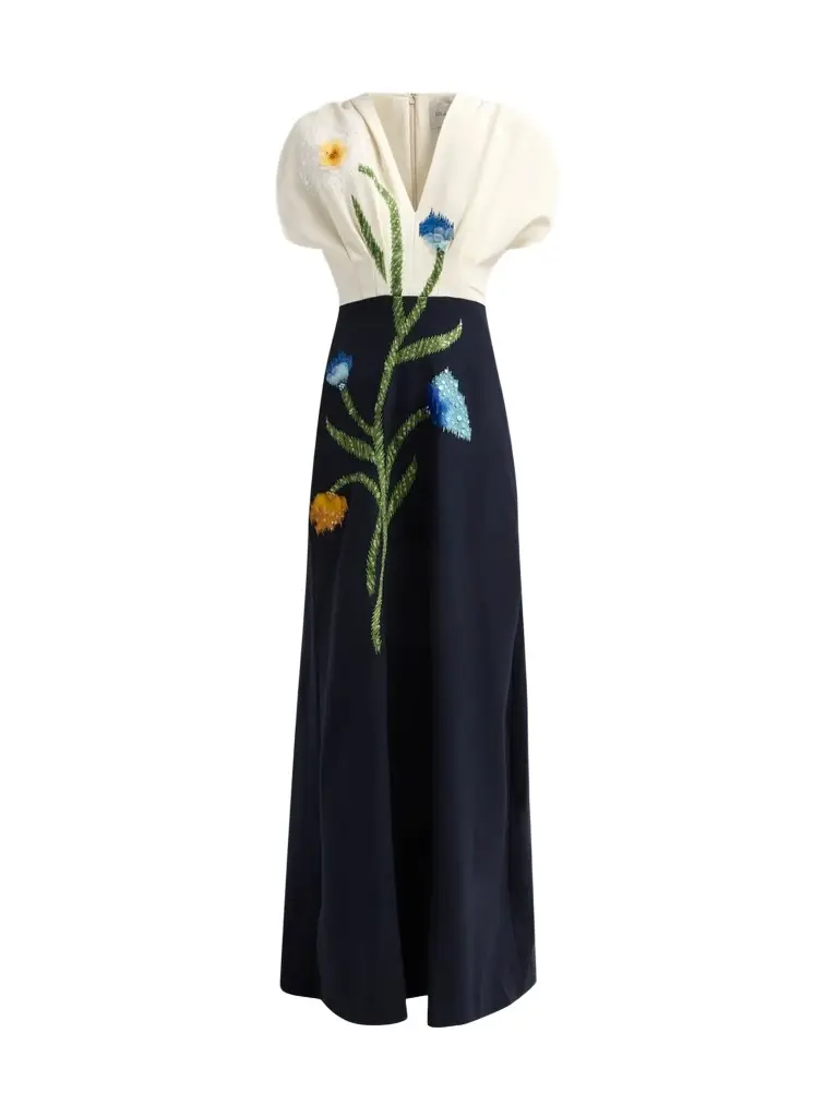 Women's Floral-Embroidered Crepe V-Neck Gown Women's Floral-Embroidered Crepe V-Neck Gown