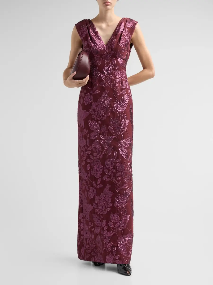 Lela Rose Women's Floral Fil Coupé V-Neck Gown | Thumbnail 2 Lela Rose Women's Floral Fil Coupé V-Neck Gown | Thumbnail 2
