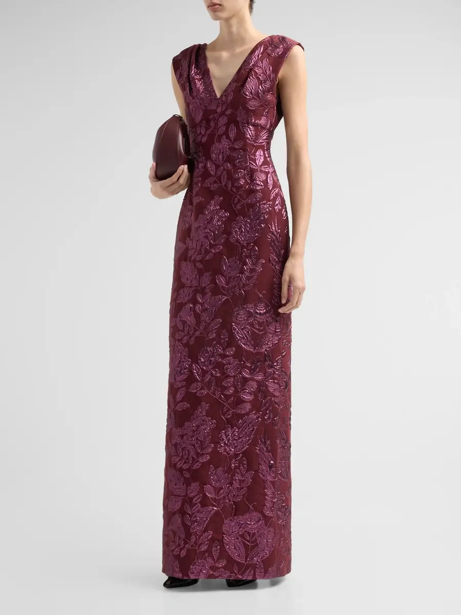 Lela Rose Women's Floral Fil Coupé V-Neck Gown | Thumbnail 4 Lela Rose Women's Floral Fil Coupé V-Neck Gown | Thumbnail 4