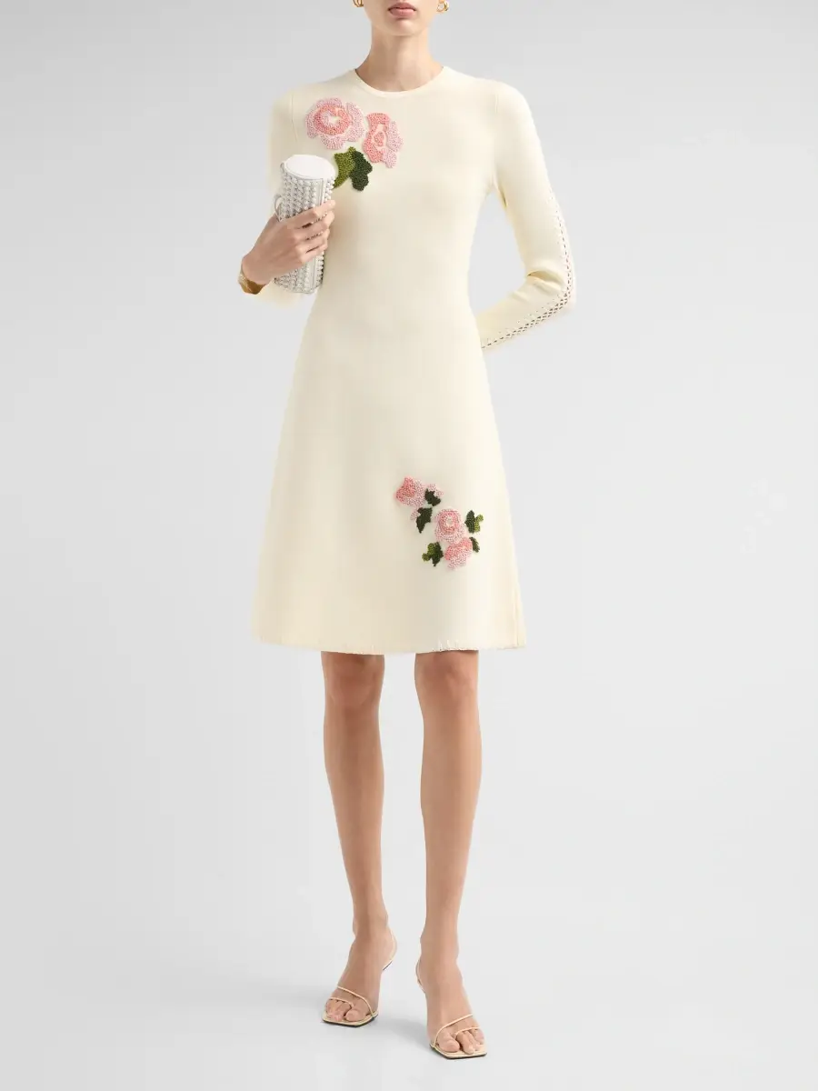 Lela Rose Women's Floral-Embroidered Knit Crewneck Knee-Length Dress | Thumbnail 2 Lela Rose Women's Floral-Embroidered Knit Crewneck Knee-Length Dress | Thumbnail 2