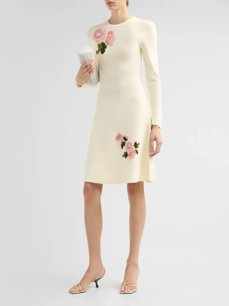 Lela Rose Women's Floral-Embroidered Knit Crewneck Knee-Length Dress | Thumbnail 4 Lela Rose Women's Floral-Embroidered Knit Crewneck Knee-Length Dress | Thumbnail 4