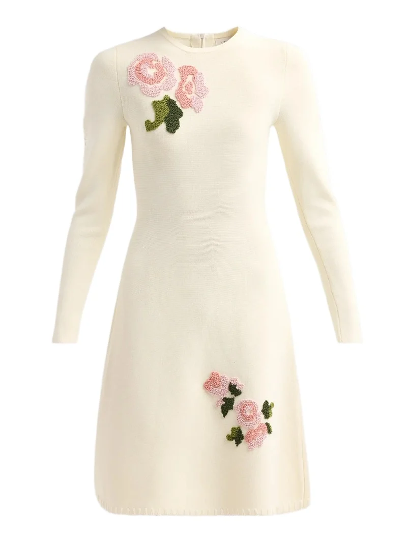 Lela Rose Women's Floral-Embroidered Knit Crewneck Knee-Length Dress