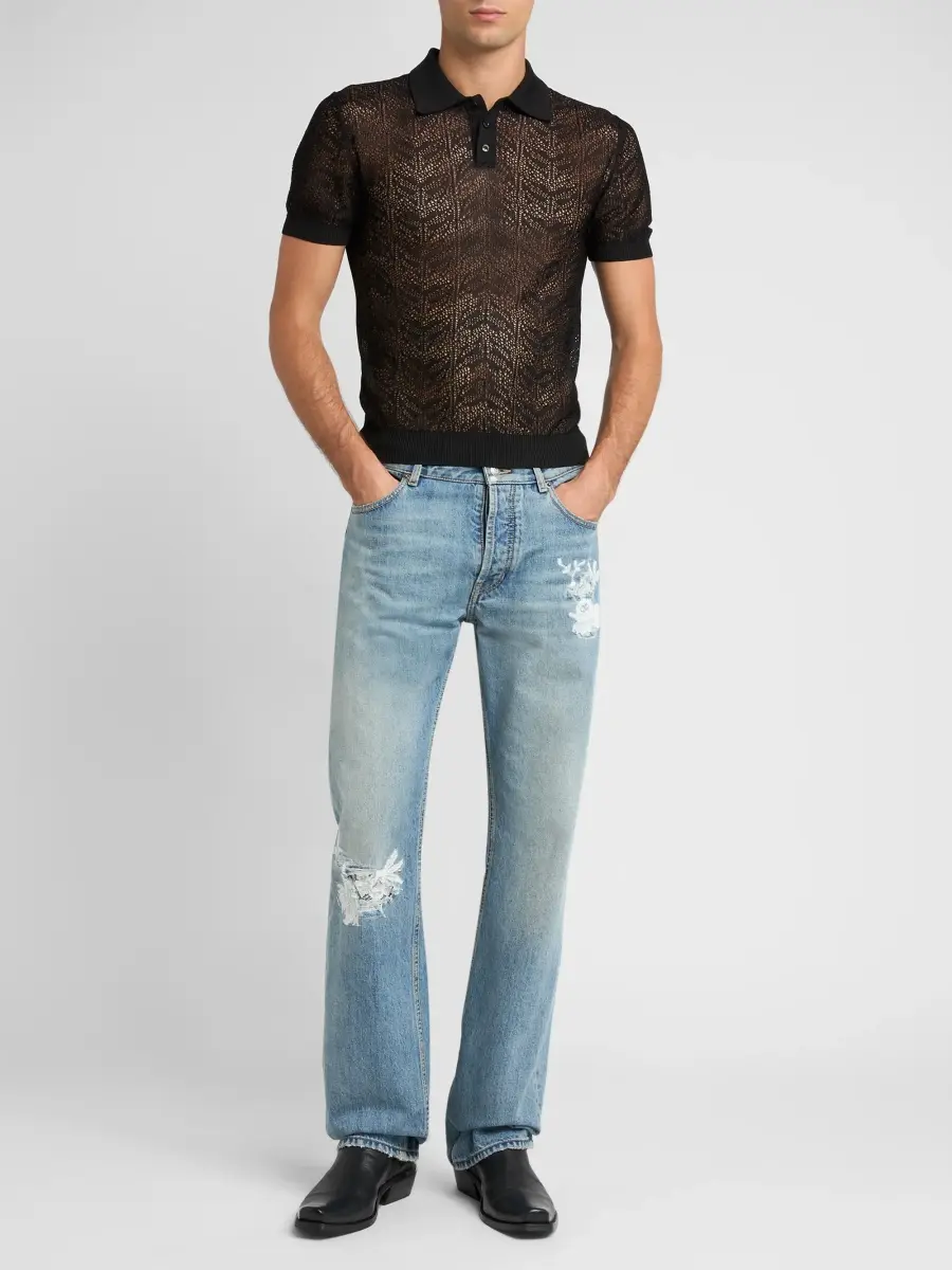 Alexander McQueen Men's Moth Lace Short-Sleeve Polo Shirt | Thumbnail 2