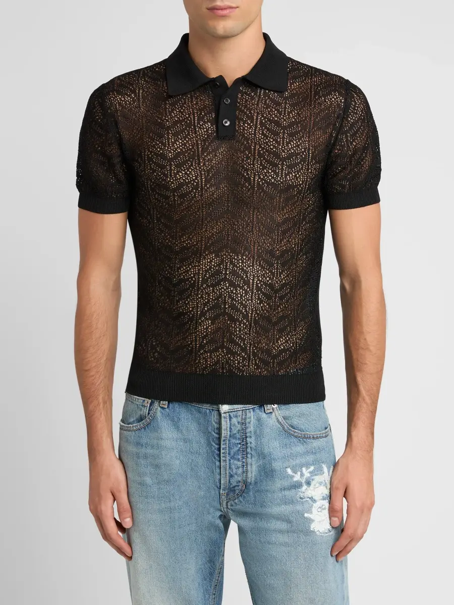 Alexander McQueen Men's Moth Lace Short-Sleeve Polo Shirt | Thumbnail 4
