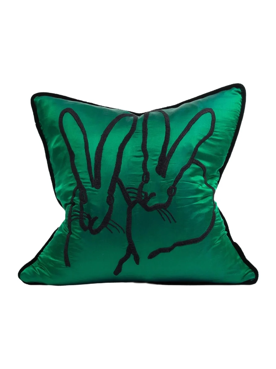 Hunt Slonem Bunny-Embroidered Silk & Velvet Pillow - Emerald